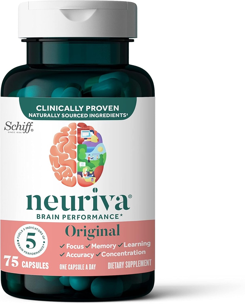 NEURIVA Original Brain Supplement for Memory, Focus & Concentration + Learning & Presnosť s klinicky testovanými nootropics Fosfatidylserin and Neurofactor, Caffeine Free, 75ct Capsules