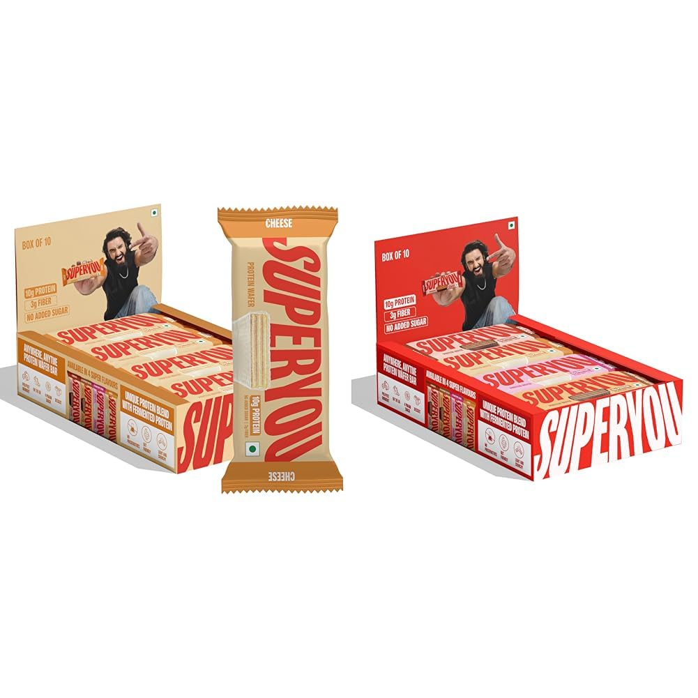 SuperYou Cheese & Assorted Protein Wafer Bars Combo. 10g Protein, 3g Fiber, No Added Sugar, Vegetarian, No Palm Oil. 400g each.