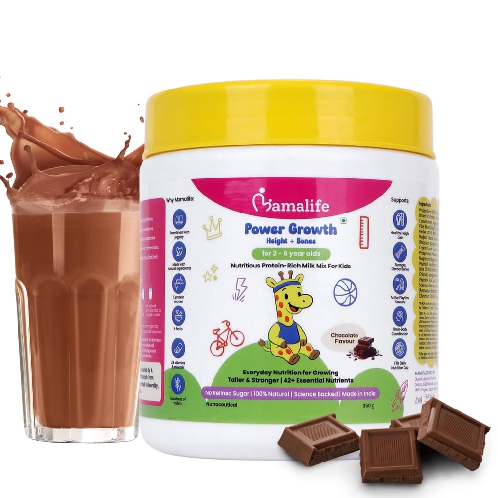 Mamalife Power Growth (Height + Bones) Kids Protein-Rich Milk Mix | 2–6 Years | No Refined Sugar | Chocolate Flavour | Height Gain | Stronger Bones | Vegetarian | High Protein | Natural | 350g