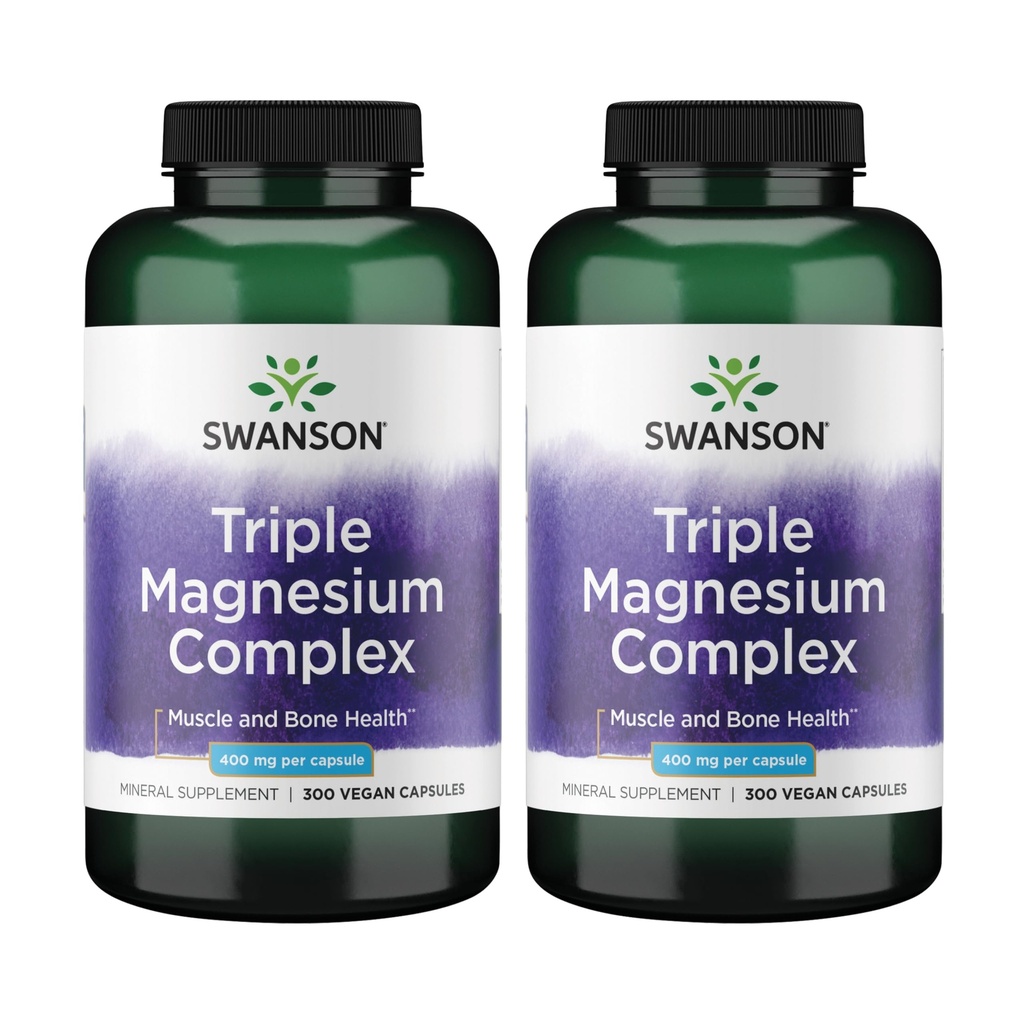 Swanson Triple Magnesium Complex Bone, Nerve, and Muscle Support Supplement for Adults Seeking Optimal Magnesium Absorption - 400 mg (300 Vegan Capsules, 2 Pack)