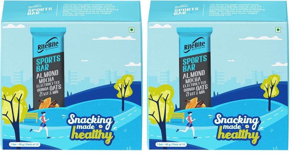 RiteBite 4g Protein Bar, Sport Bar | With Almond, Mocha Electrolytes, Quinoa & Oats | No Cholesterol & Trans Fat Energy Bar, 40g (Pack of 24)