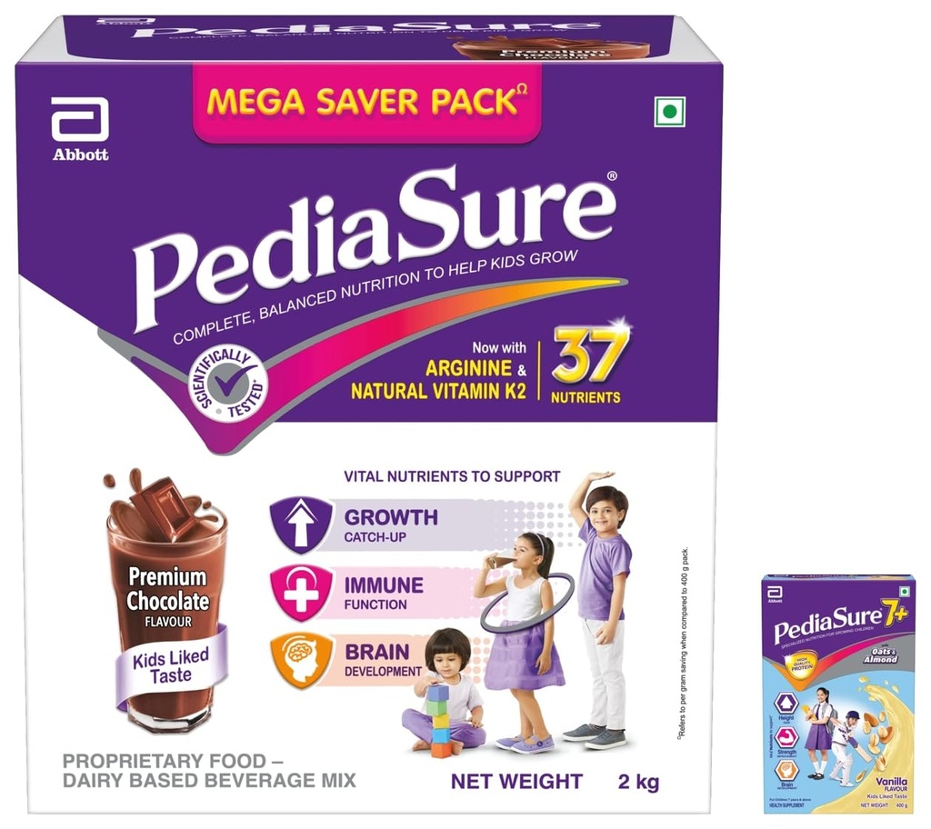 Pediasure Complete Balanced Nutritional Supplement To Help Kids Grow - Pack Of 2 Kg Powder(Chocolate) Box, Purple & 7+ Specialized Nutrition Drink Vanilla Flavour 400 Gm Powder
