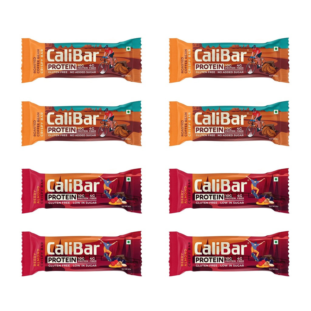 CaliBar 10g Protein Bar - Berry Almond + Roasted Coffee Bean (Combo Pack of 8) No Added Sugar, Sweetened With Honey, Gluten-Free, 4g Fiber, No Preservatives, Delicious Taste & 100% Veg (40g x 8 Bars)