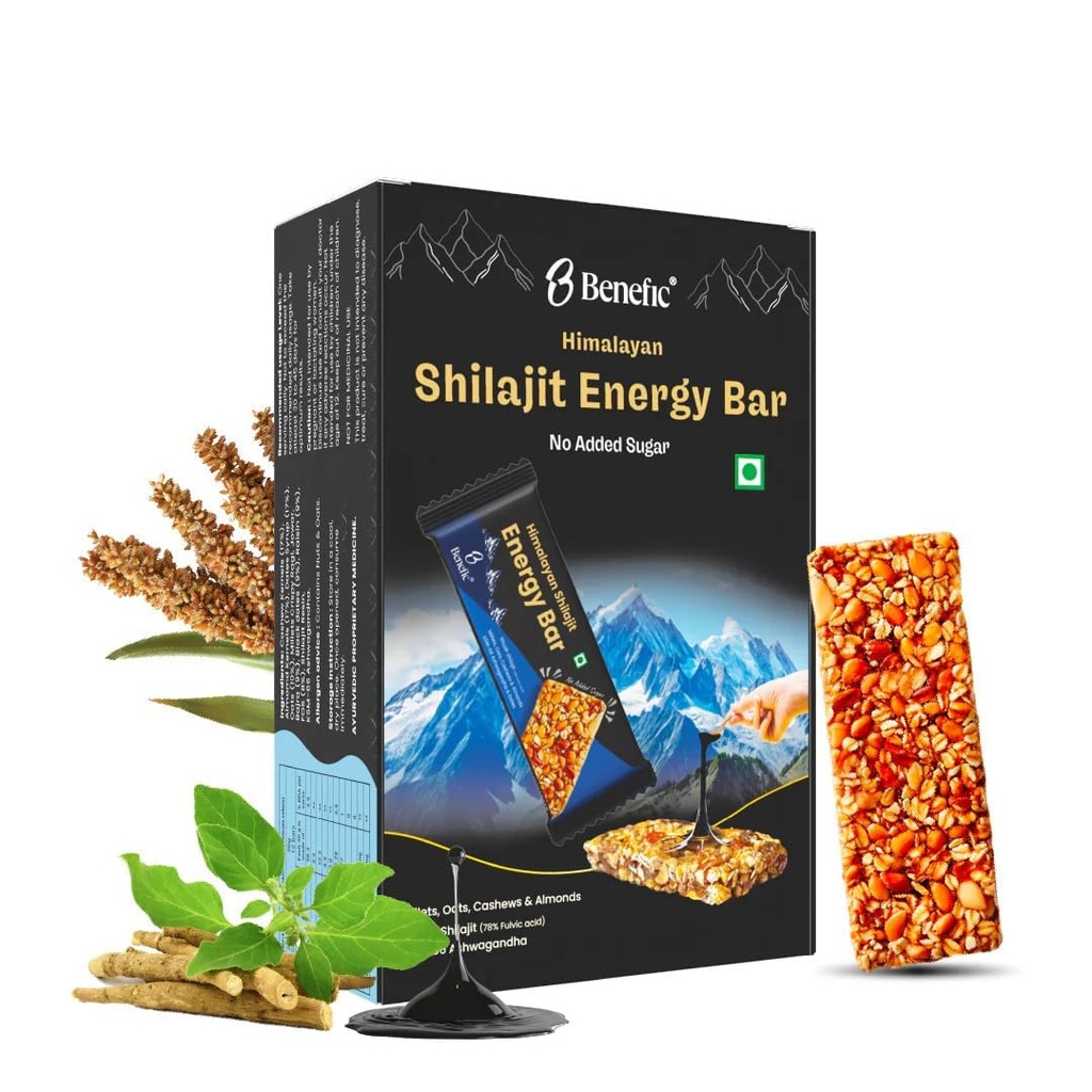 Benefic Himalayan Shilajit Energy Bar 30g each (Pack of 12) | 400mg Pure Shilajit & KSM-66 Ashwagandha | Natural Energy & Stamina Booster | No Added Sugar, Gluten Free, Vegan | Healthy Snack for Gym, Work & Travel