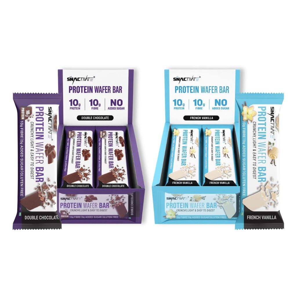Snactivate India’s 1st Protein Wafer Bar - Double Chocolate & French Vanilla (Pack of 12, 40g Each) | Real Whey 10g Protein, 10g Fibre & Zero Added Sugar | No Maida | Crunchy & Healthy Snack