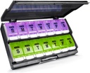 Super grand organisateur hebdomadaire de pilules 2 fois par jour - Rémunérer Am/Pm Daily Pill Case Medicine Organizer, Push Button Boîte à pilules de 7 jours pour les pilules/vitamine/Vitamine/Vitamine foie/Supplements (Purple & Vert)
