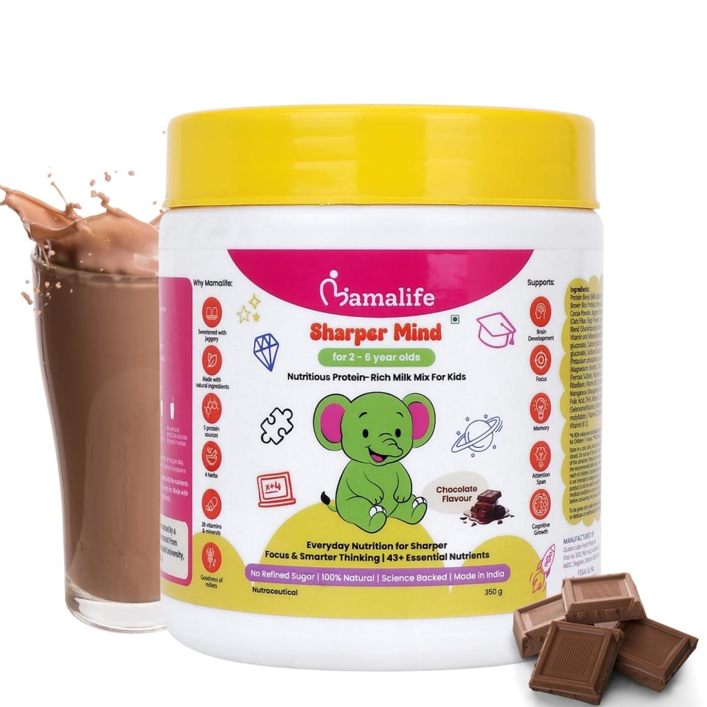 Mamalife Sharper Mind Kids Milk Mix | 2-6 Years | No Refined Sugar | Chocolate Flavour | Better Focus | Cognitive Growth | Memory | 46+ Nutrients | Vegetarian | High Protein | Natural | 350g