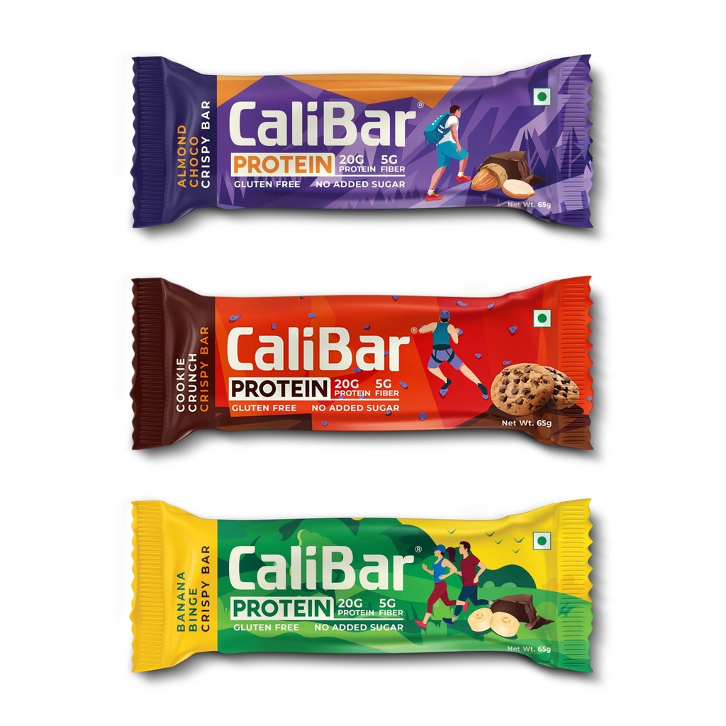 CaliBar 20g Protein Bar - All Variants Trial - Almond Choco, Banana Binge, Cookie Crunch (Pack of Total 3 Bars) (65g x 3 Bars)