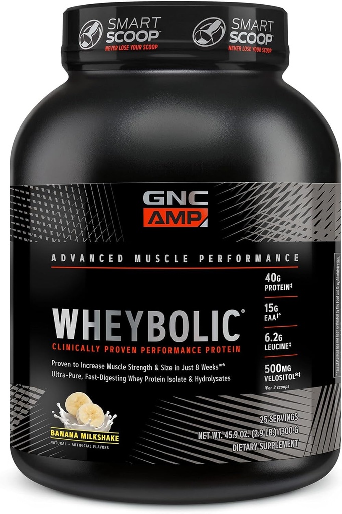 GNC AMP Wheybolic klinično dokazano beljakovine v prahu, 40g Whey proteini, BCAA, Leucin, poveča mišično moč, izgradnjo mišic, 3. stranka testirana, Gluten brez, banana Mlečni napitek, 25 Serving