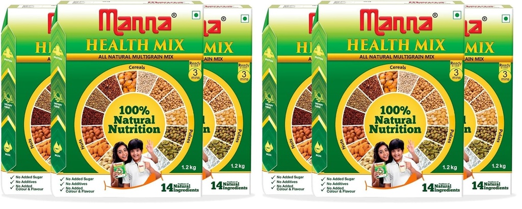 Manna Health Mix 3.75 Kg, All Natural Nutrition Drink, with 14 ingredients, Zero Sugar. Natural Nutrition. 1.25kg (Pack of 6)