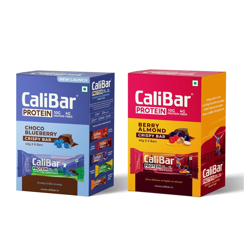 CaliBar 10g Protein Bar Choco Blueberry & Berry Almond Crispy Protein Bar Combo - No Added Sugar, Gluten-Free, 4g Fiber, No Preservatives, No Palm Oil & 100% Veg. (40g x 12 Bars)