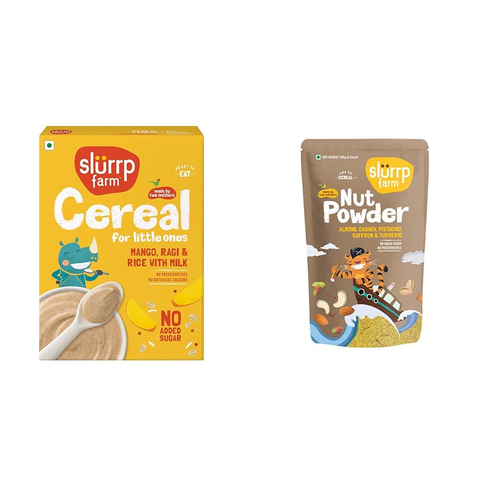 SLURRP FARM No Added Sugar Instant Cereal | Ragi, Rice and Mango with Milk, 200 Grams + Slurrp Farm NO Added Sugar 100% Natural Nut Powder, 100 G