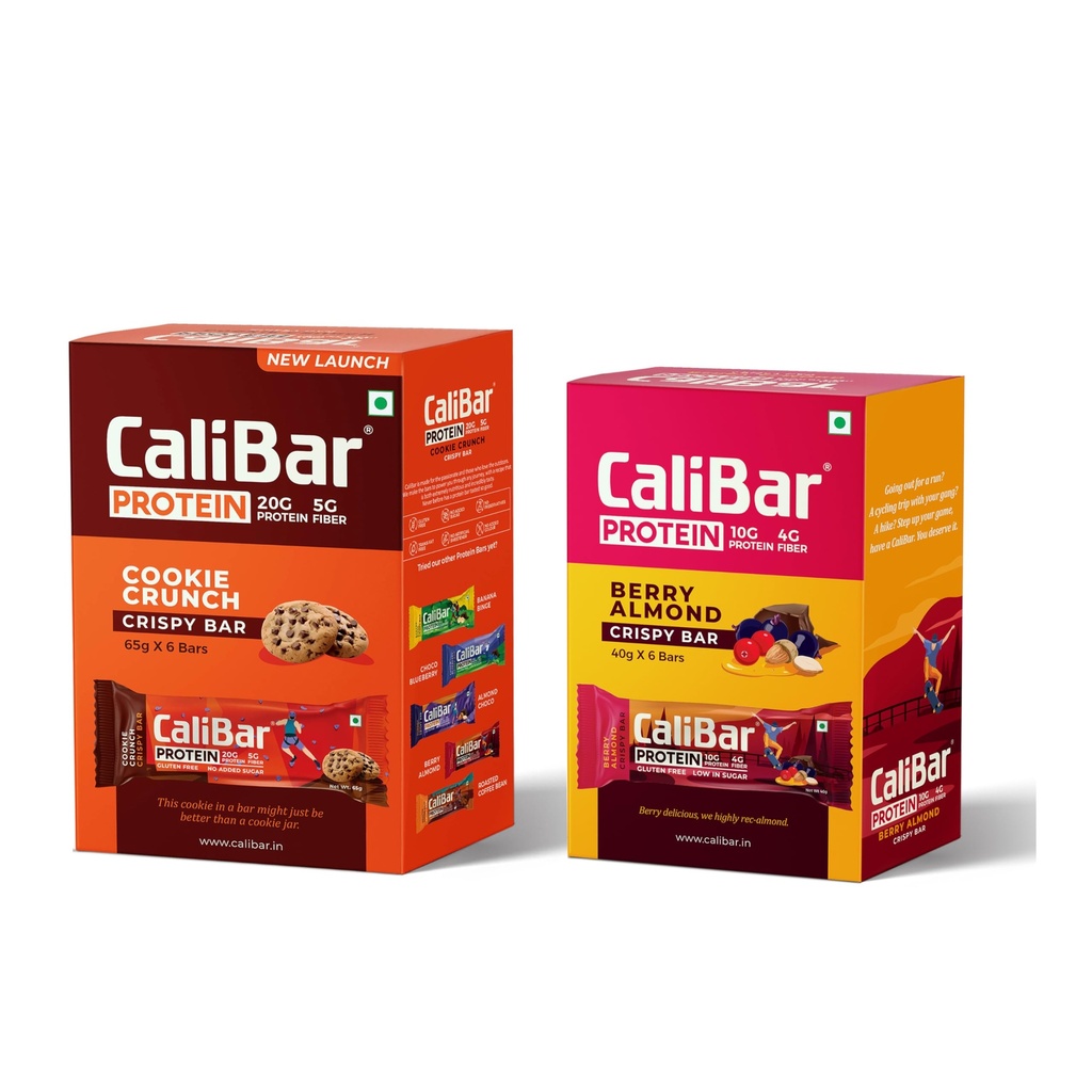 CaliBar 20g & 10g Protein Bar Cookie Crunch & Berry Almond Crispy Protein Bar Combo - No Added Sugar, Gluten-Free, 4g Fiber, No Preservatives, No Palm Oil & 100% Veg. (12 Bars)