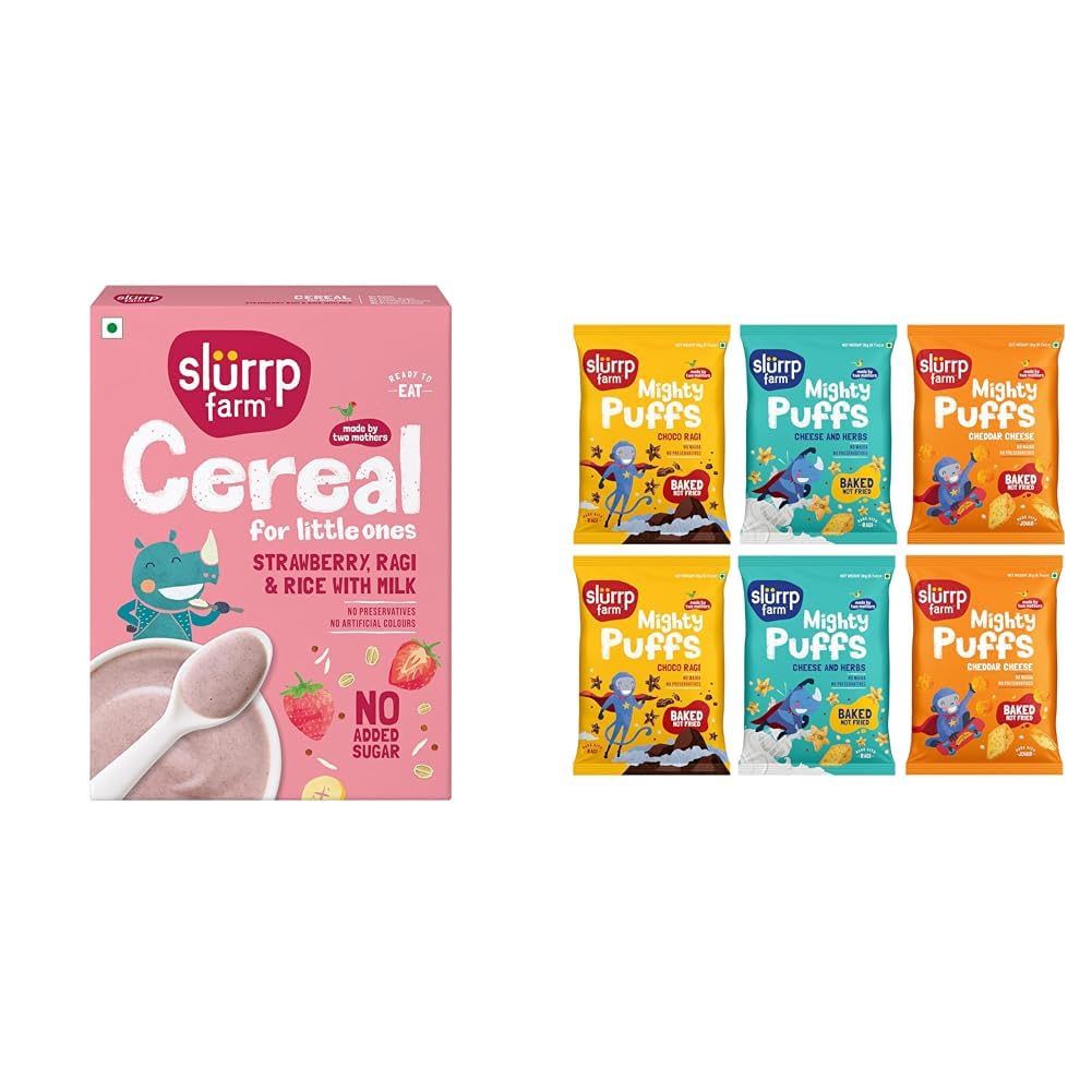 Slurrp Farm Cereal, Ragi, Rice and Strawberry with Milk, Instant Healthy Food, NO Added Sugar, + Slurrp Farm Mighty Jowar Puffs | Khatta Meetha, Mild Masala, Cheddar Cheese, Tangy Tomato, Choco