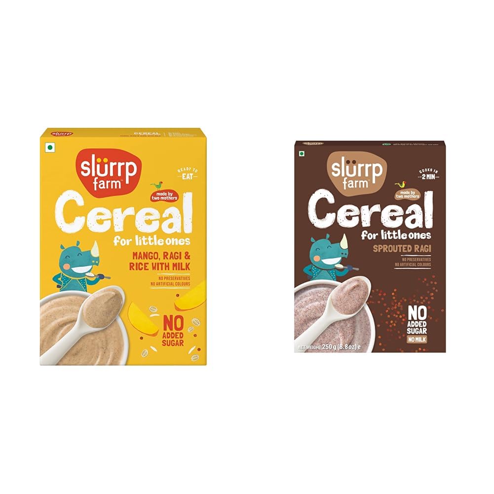 SLURRP FARM No Added Sugar Instant Cereal | Ragi, Rice and Mango with Milk, 200 Grams + SLURRP FARM No Added Sugar,No Salt,Sprouted Ragi Powder,250 Gram