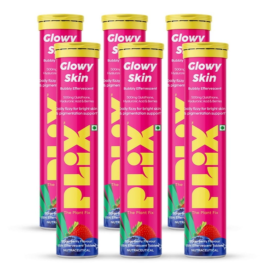 PLIX - THE PLANT FIX Glutathione Effervescent Tablets for Clear, Glowing & Youthful Skin | 500mg Glutathione, Vit E & Hyaluronic Acid | No Maltodextrin, No Sugar | Pack of 6 (90 tabs) | Strawberry