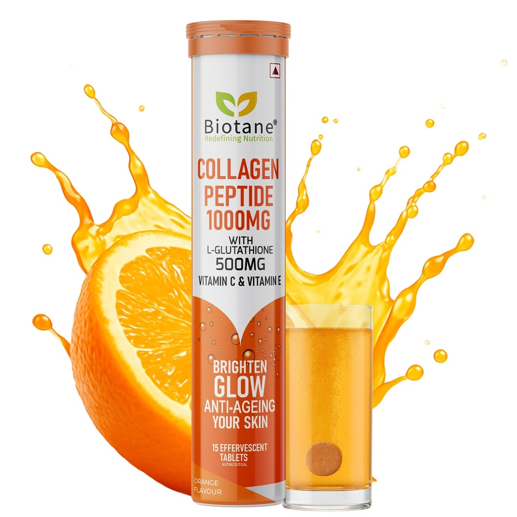 BIOTANE L‑Glutathione 500mg with Collagen Peptide 1000mg Effervescent Tablets – Innovative Dual Active Formula I Now with Vitamin C & Vitamin E | Skin Brightening, Glow & Anti-Ageing Supplement | Orange Flavour | 15 Effervescent Tablets