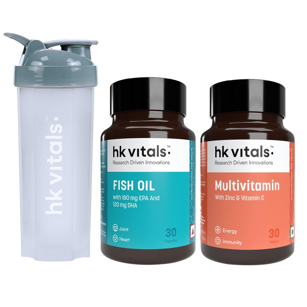hk vitals Fish Oil & Multivitamin, 2 x 30 Tablets + Shaker 650ml
