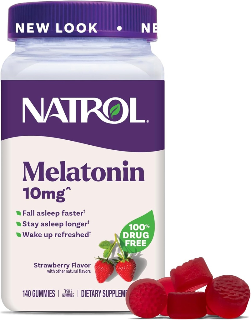 Natrol Melatonin Gummies, Yetişkin üçün Sleep Support, Melatonin 10 mq, 140 Strawberry-Flavored, 70 Gün