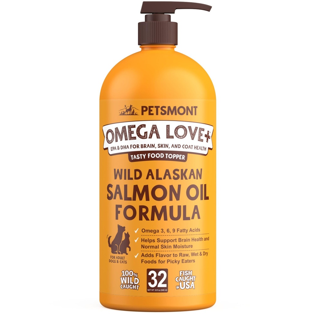 Petsmont Omega Love+ Wild Alaskan Salmon Oil for Dogs Formula 32 oz - Fish Omega Liquid Pump Cats Supports Joint Function Immune Heart Health Food Supplement Pets Natural EPA DHA Fatty Acids