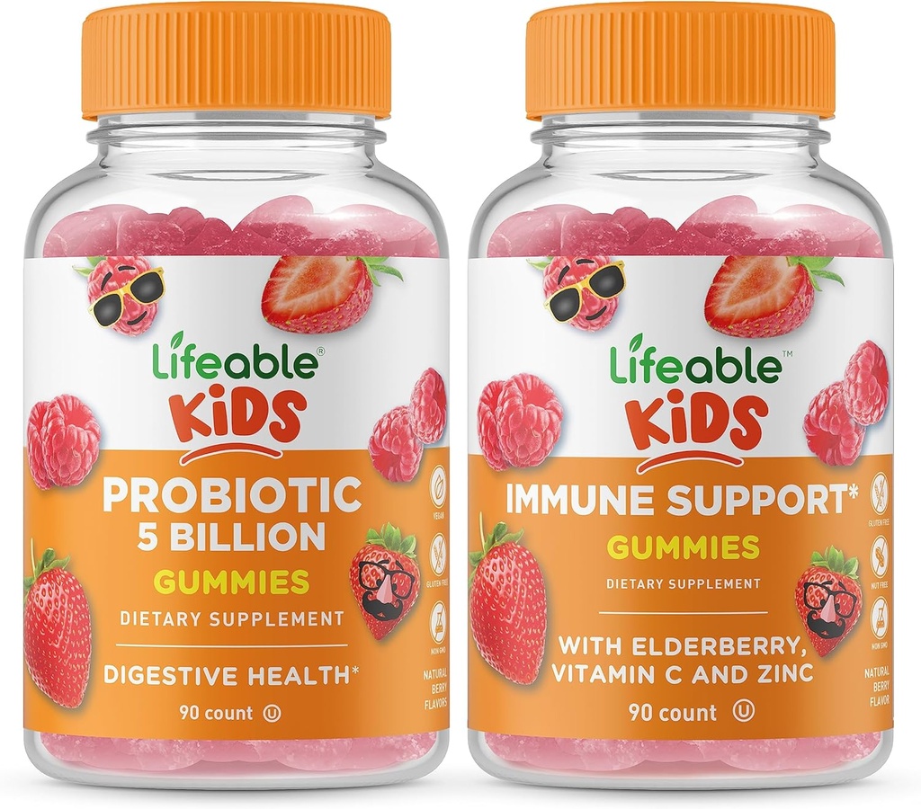 Lifeable Probiotics 5 Billion Kids + Immune Support Kids, Gummies Bundle - Great Tasting, Vitamin Supplement, Gluten Free, GMO Free, Chewable Gummy