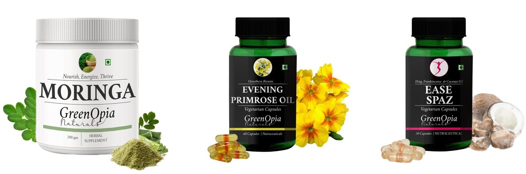 Moringa-oleifera-powder, Evening-primrose-oil-vegetarian-capsules, Ease-spaz-vegetarian-capsules Combo | Convenient Nutrition & Wellness Routine | Multi-Product Pack