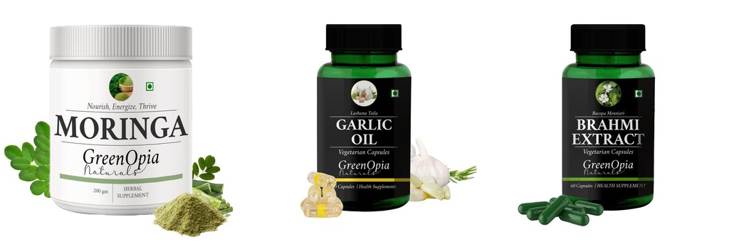 Moringa-oleifera-powder, Garlic-oil-vegetarian-capsules, Brahmi-vegetarian-capsules Combo | Convenient Nutrition & Wellness Routine | Multi-Product Pack