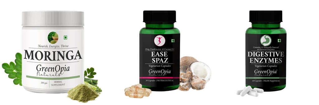Moringa-oleifera-powder, Ease-spaz-vegetarian-capsules, Digestive-enzymes-60-vegetarian-capsules Combo | Convenient Nutrition & Wellness Routine | Multi-Product Pack