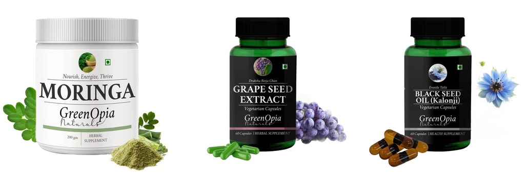 Moringa-oleifera-powder, Grape-seed-extract-60-vegetarian-capsules, Black-seed-oil-capsules Combo | Convenient Nutrition & Wellness Routine | Multi-Product Pack