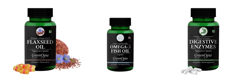 Flax-seed-oil-vegetarian-capsules, Fish-oil-capsules, Digestive-enzymes-60-vegetarian-capsules Combo | Convenient Nutrition & Wellness Routine | Multi-Product Pack