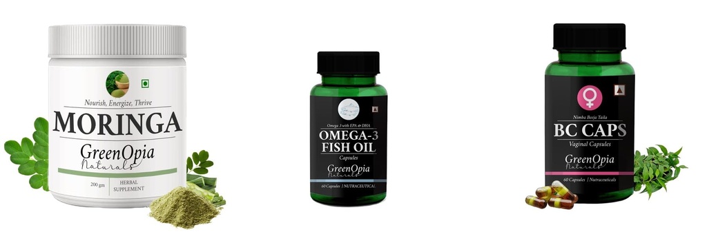 Moringa-oleifera-powder, Fish-oil-capsules, Bc-caps-vaginal-capsules Combo | Convenient Nutrition & Wellness Routine | Multi-Product Pack