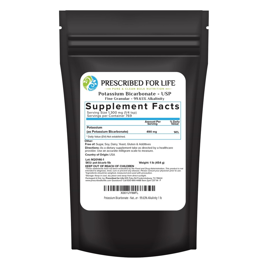 Prescribed for Life Potassium Bicarbonate Powder, Pure USP & Food Grade Potassium Bicarbonate for Plants, Winemaking, & Baking, Crystalline Powder, 39% K (1lb)