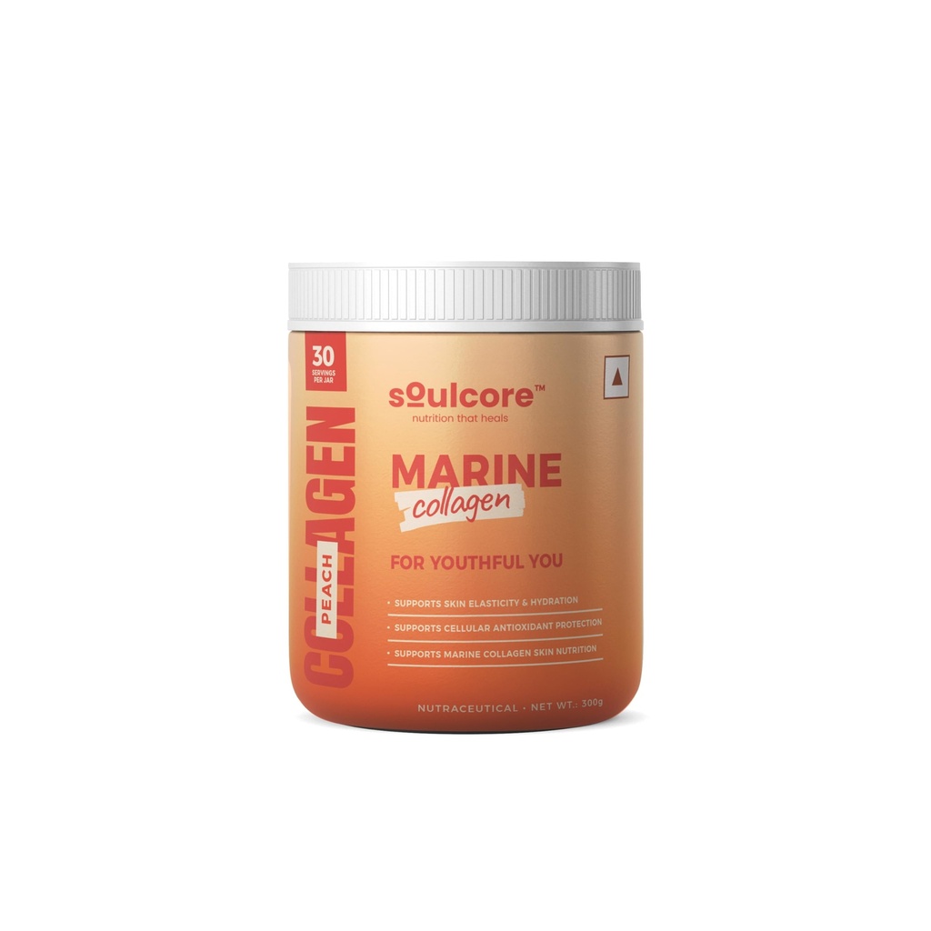 Soulcore Marine Collagen Powder for Women and Men - 5000mg Collagen Peptides with Glutathione and Resveratrol - Skin, Hair and Nails Supplement, Sugar Free, Peach Flavour, 300g, 30 Servings