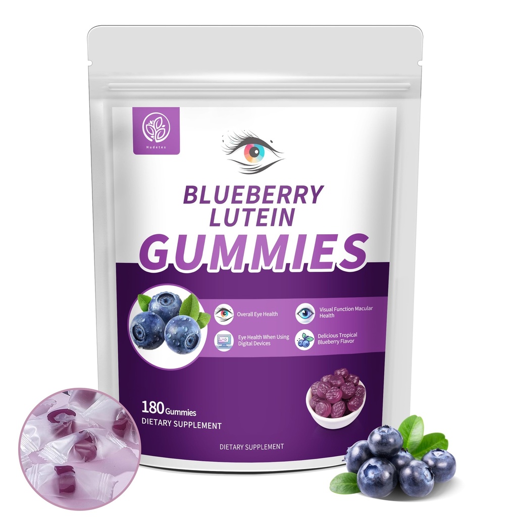 Hudetex Blueberry Lutein Eye Vitamins Gummies with 180 Count - 3 Month Supply, Vegan Eye Health Supplement for Kids and Adult, Lutein Gummies for Vision Clarity and Blue Light Support