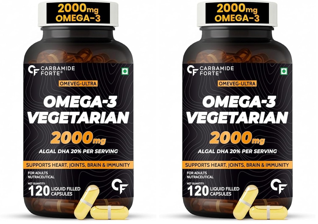 Carbamide Forte Veg Omega 3 2000mg | Plant- Based Omega 3 Supplement with 20% Algal DHA | Supports Heart, Brain & Eye Health - 120 Capsules (Pack of 2)