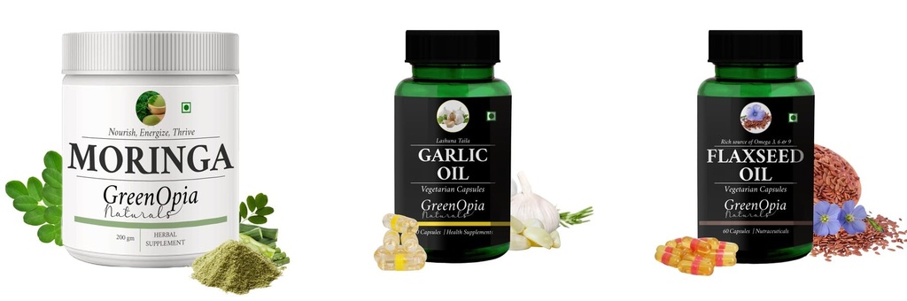 Moringa-oleifera-powder, Garlic-oil-vegetarian-capsules, Flax-seed-oil-vegetarian-capsules Combo | Convenient Nutrition & Wellness Routine | Multi-Product Pack