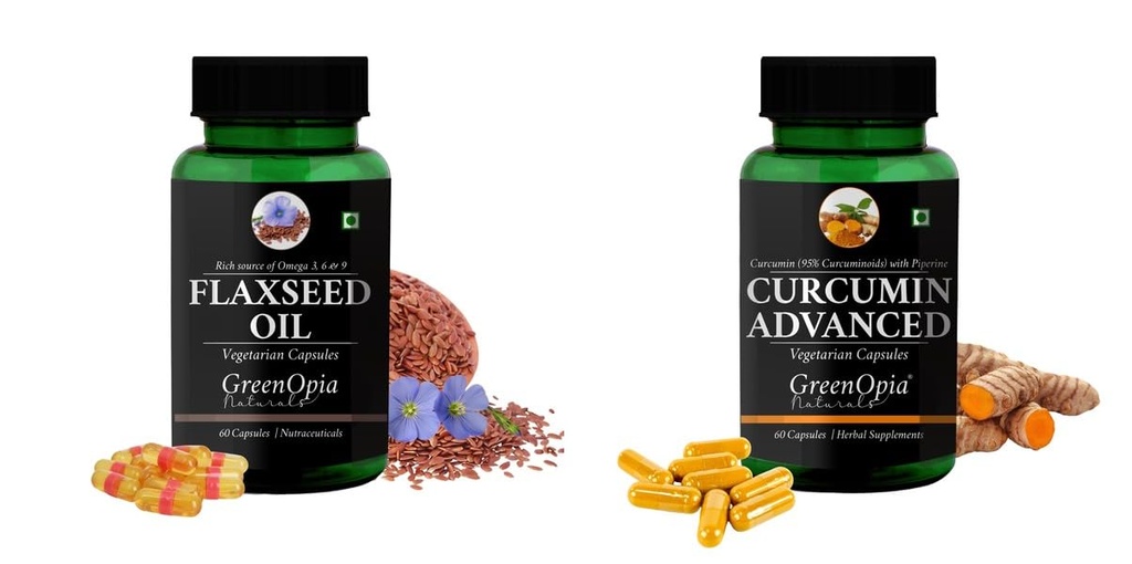 Flax-seed-oil-vegetarian-capsules, Curcumin-c3-piperine-vegetarian-capsules Combo | Convenient Nutrition & Wellness Routine | Multi-Product Pack