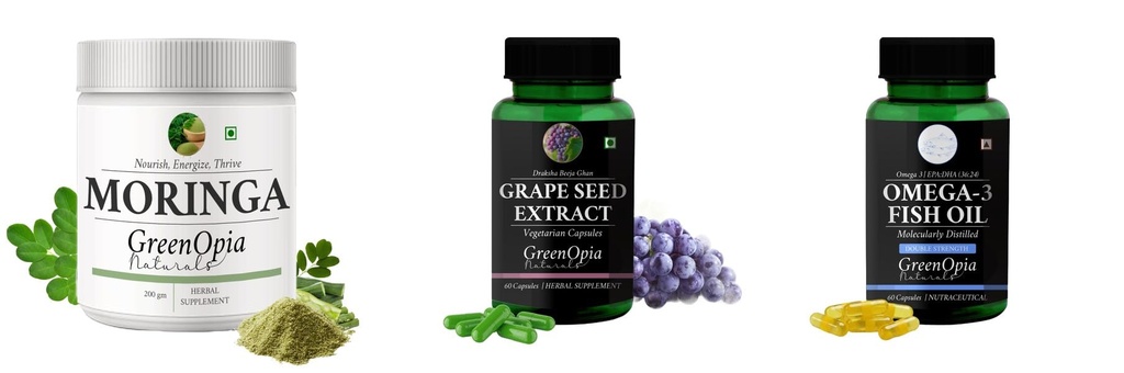 Moringa-oleifera-powder, Grape-seed-extract-60-vegetarian-capsules, Fish-oil-double-strength Combo | Convenient Nutrition & Wellness Routine | Multi-Product Pack