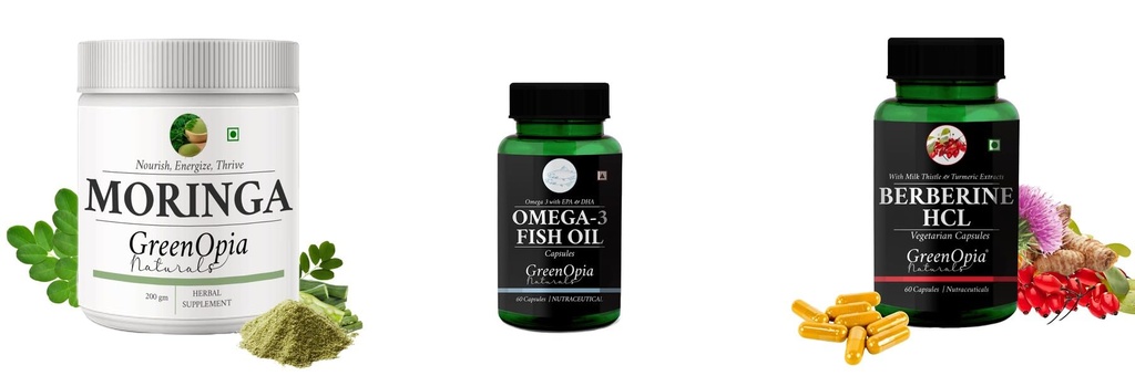 Moringa-oleifera-powder, Fish-oil-capsules, Berberine-hcl-vegetarian-capsules Combo | Convenient Nutrition & Wellness Routine | Multi-Product Pack