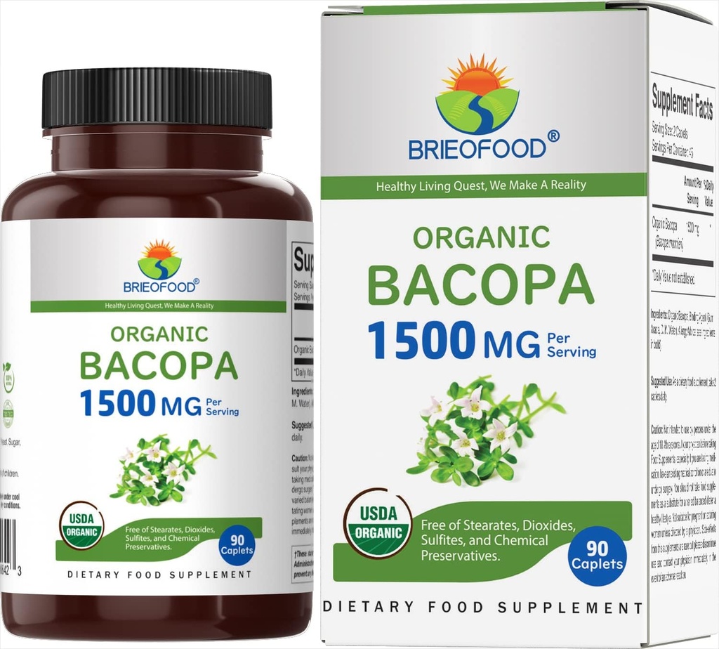 Brieofood organisk Bacopa 1500mg, 45 serveringer, vegetarisk, glutenfri, 90 vegetariske tabletter...