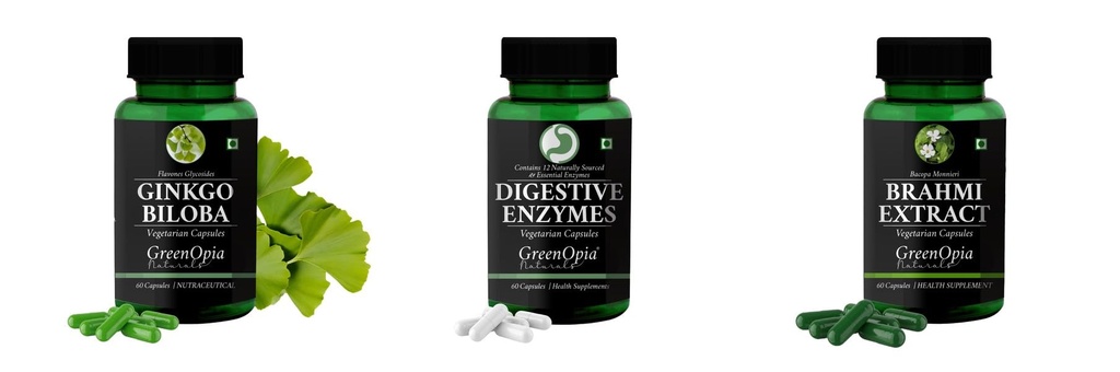 Ginkgo-biloba-vegetarian-capsules, Digestive-enzymes-60-vegetarian-capsules, Brahmi-vegetarian-capsules Combo | Convenient Nutrition & Wellness Routine | Multi-Product Pack