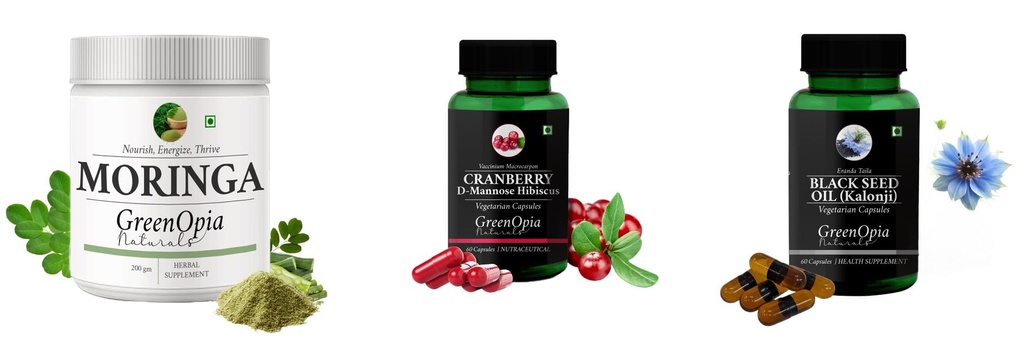 Moringa-oleifera-powder, Cranberry-d-mannose-hibiscus-capsules, Black-seed-oil-capsules Combo | Convenient Nutrition & Wellness Routine | Multi-Product Pack