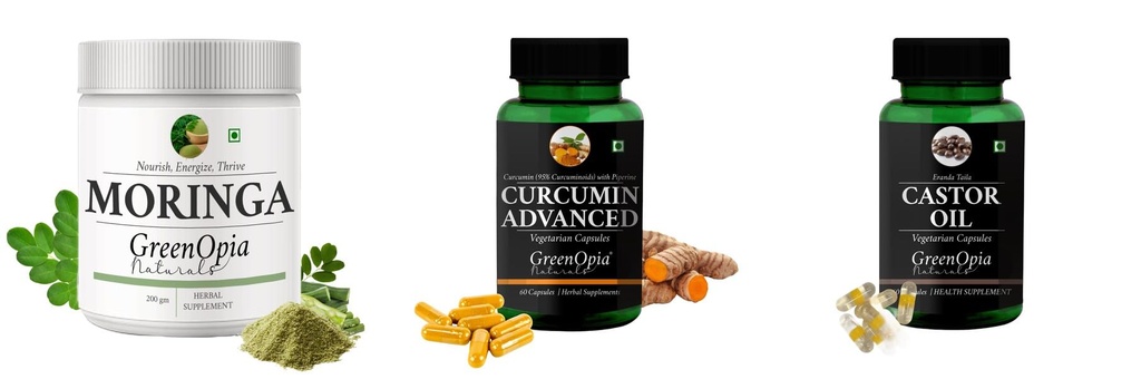 Moringa-oleifera-powder, Curcumin-c3-piperine-vegetarian-capsules, Castor-oil-vegetarian-capsules Combo | Convenient Nutrition & Wellness Routine | Multi-Product Pack
