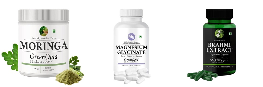 Moringa-oleifera-powder, Magnesium-glycinate-forte-tablets, Brahmi-vegetarian-capsules Combo | Convenient Nutrition & Wellness Routine | Multi-Product Pack