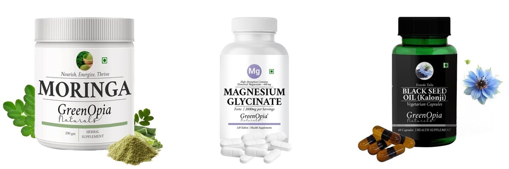 Moringa-oleifera-powder, Magnesium-glycinate-forte-tablets, Black-seed-oil-capsules Combo | Convenient Nutrition & Wellness Routine | Multi-Product Pack