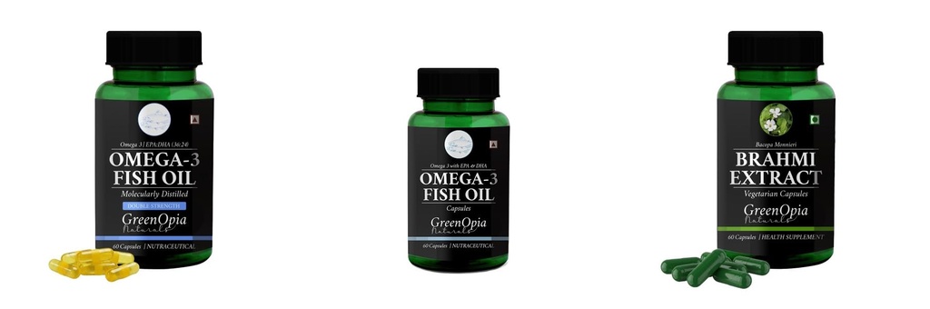 Fish-oil-double-strength, Fish-oil-capsules, Brahmi-vegetarian-capsules Combo | Convenient Nutrition & Wellness Routine | Multi-Product Pack