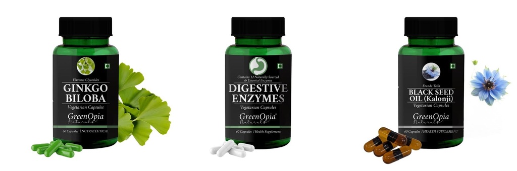 Ginkgo-biloba-vegetarian-capsules, Digestive-enzymes-60-vegetarian-capsules, Black-seed-oil-capsules Combo | Convenient Nutrition & Wellness Routine | Multi-Product Pack