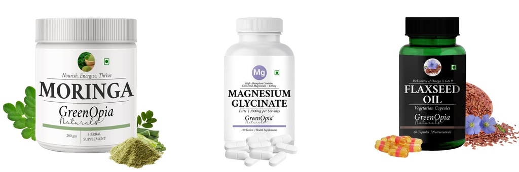 Moringa-oleifera-powder, Magnesium-glycinate-forte-tablets, Flax-seed-oil-vegetarian-capsules Combo | Convenient Nutrition & Wellness Routine | Multi-Product Pack