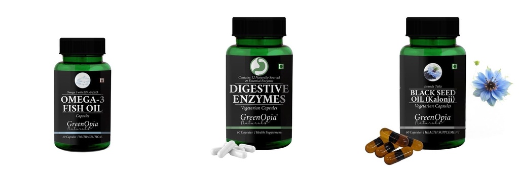 Fish-oil-capsules, Digestive-enzymes-60-vegetarian-capsules, Black-seed-oil-capsules Combo | Convenient Nutrition & Wellness Routine | Multi-Product Pack