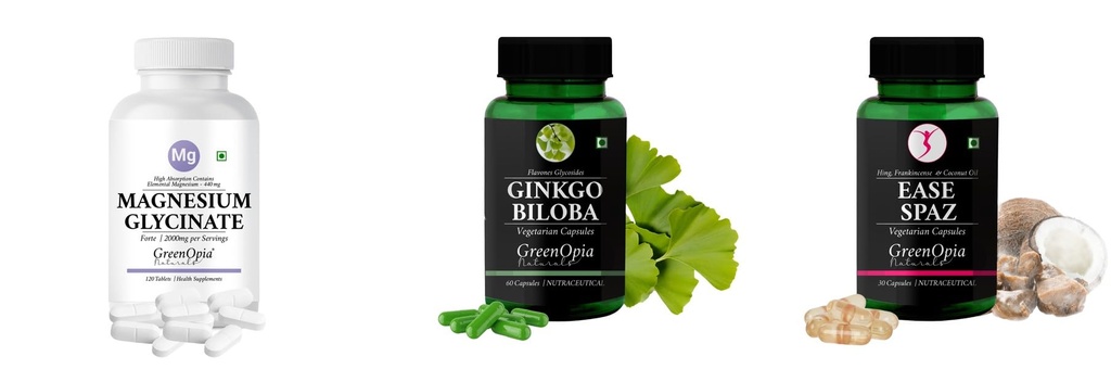 Magnesium-glycinate-forte-tablets, Ginkgo-biloba-vegetarian-capsules, Ease-spaz-vegetarian-capsules Combo | Convenient Nutrition & Wellness Routine | Multi-Product Pack